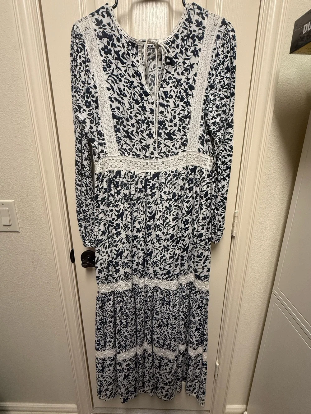 Bohemian Navy Floral Lace-Trim Maxi Dress - White & Navy